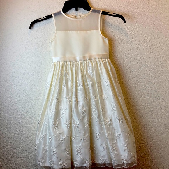 🌸Vintage Cinderella ivory satin w/ embroidered floral lace overlay dress C70